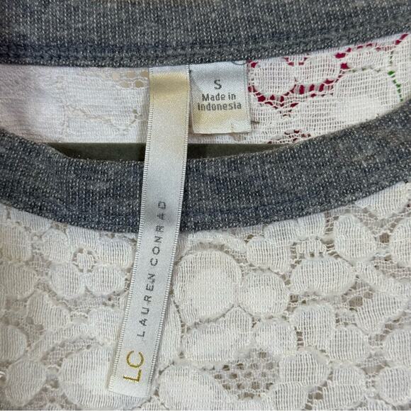 LC Lauren Conrad Gray and White Lace Striped Raglan Sweater. Size Small. - Picture 3 of 6